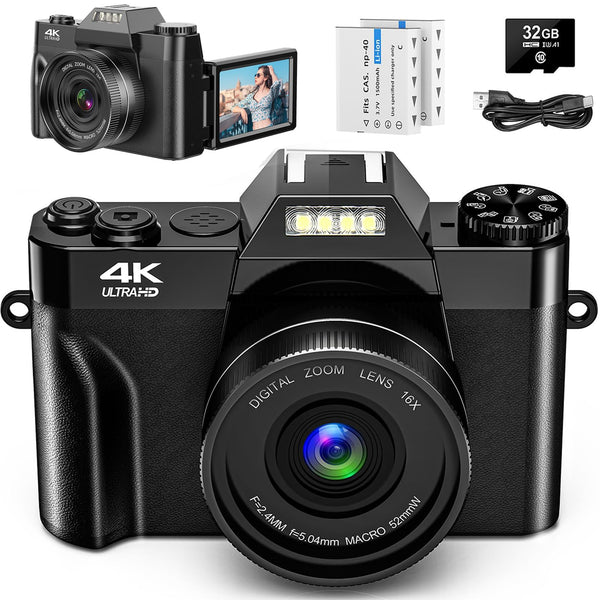 Digital Camera 4K 56MP UHD Vlogging Camera with 3'' 180° Flip Screen, 16X Digital Zoom Compact Camera for Photography with Auto Focus & 32GB Card & 2 Batteries for Teens Students Kids Boys Girls