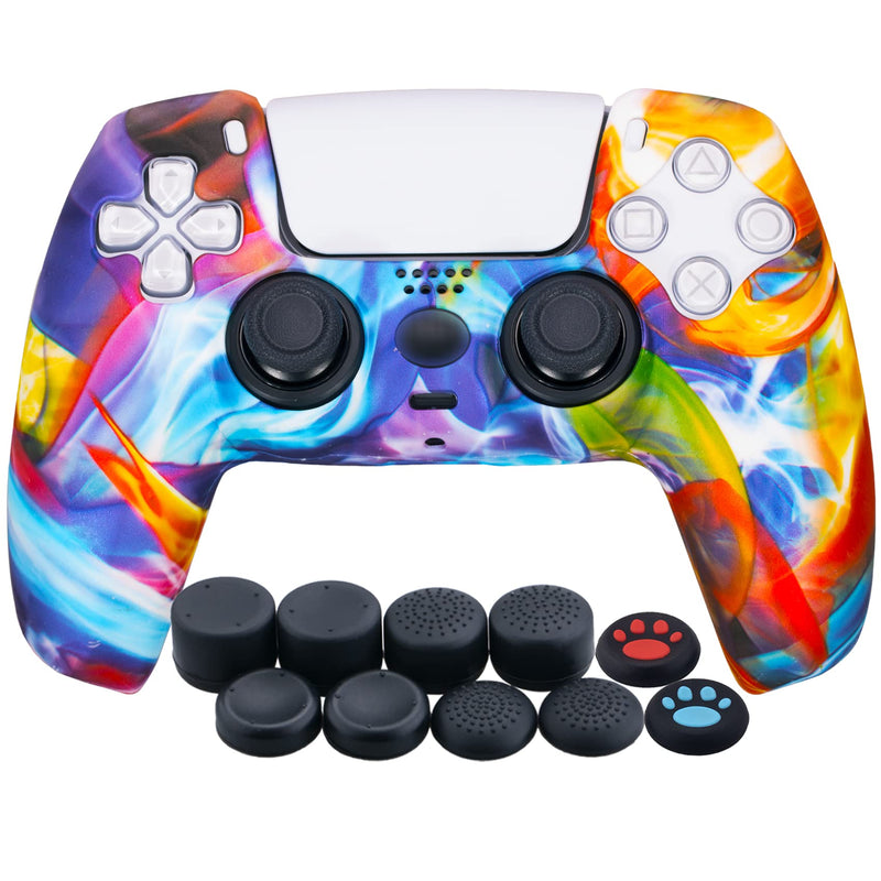 YoRHa Water Transfer Printing Silicone Thickened Cover Skin Case for PS5 Dualsense Controller x 1(Colorful stream) with Thumb Grips x 10