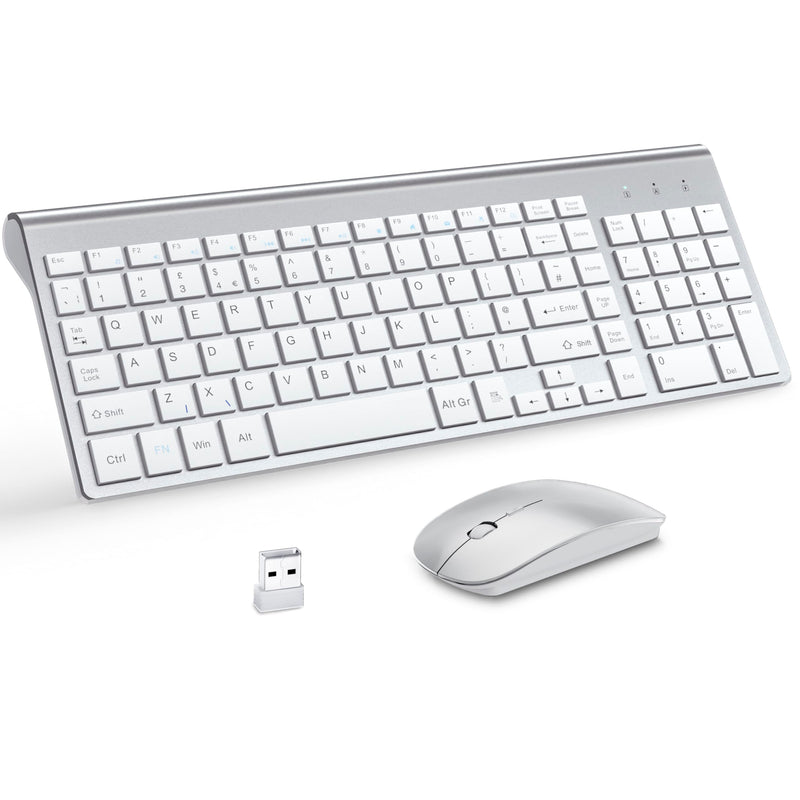 Wireless Keyboard and Mouse with Mouse Pad Ultra Slim Combo, MOOJAY 2.4G USB Quiet Compact Scissor Switch Keyboard Mice Set with Cover, 2 AA and 2 AAA Batteries, for Laptop/PC/Windows - Silver White