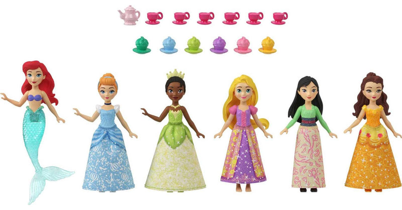 Mattel Disney Princess Toys, 6 Posable Small Dolls with Sparkling Clothing and 13 Tea Party Accessories Inspired by Disney Movies, HLW91