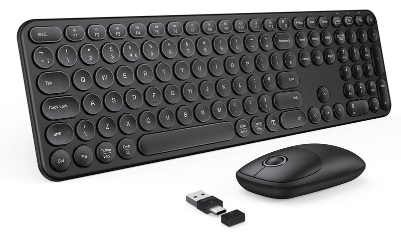 Wireless Keyboard and Mouse Set, USB A and USB C Wireless Keyboard and Mouse, Full Size Retro Round Key Wireless Keyboard Compatible with Apple Mac OS, Windows Computer Laptop PC, Black