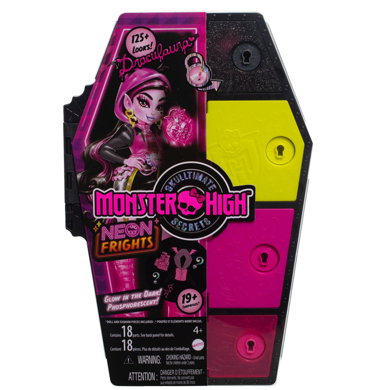 Monster High Doll and Fashion Set, Draculaura Doll, Skulltimate Secrets: Neon Frights, Dress-Up Locker with 19+ Surprises, HNF78