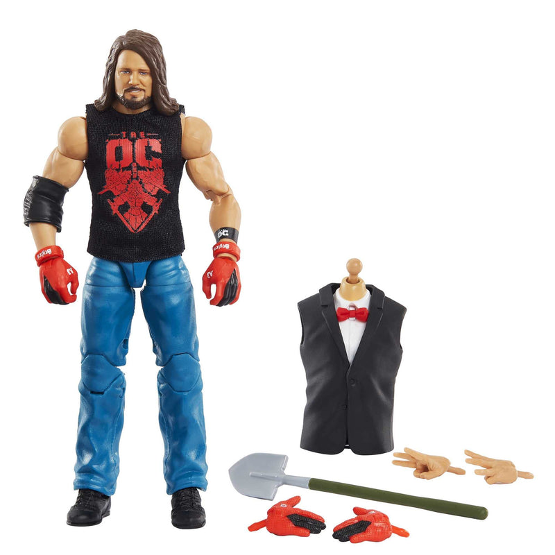 WWE AJ Styles WrestleMania Elite Collection Action Figure with entrance shirt & Vince McMahon Build-A-Figure Pieces, 6-in / 15.24cm Posable Collectible Gift for WWE Fans Ages 8 Years Old & Up, HDD83