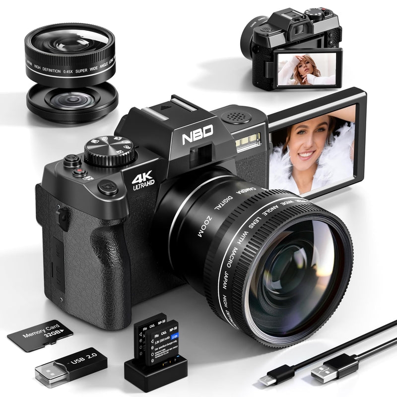 NBD 4K Digital Cameras for Photography - 48MP/60FPS Video Camera for Vlogging, WiFi & App Control, YouTube Vlogging Camera with 32GB TF Card. Wide-Angle & Macro Lens Included (Black)