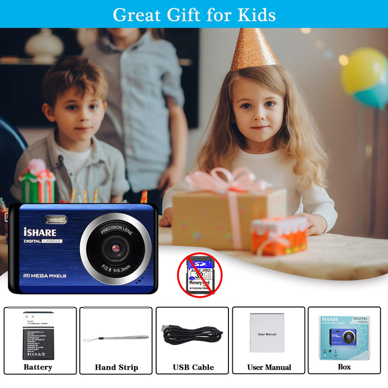 Digital Camera for Photography with FHD 1080P 18X Digital Zoom, 30MP Kids Camera Rechargeable Point and Shoot Cameras,Built-in Microphone,Small Camera for Kids/Adult/Elderly/Beginners(Blue)