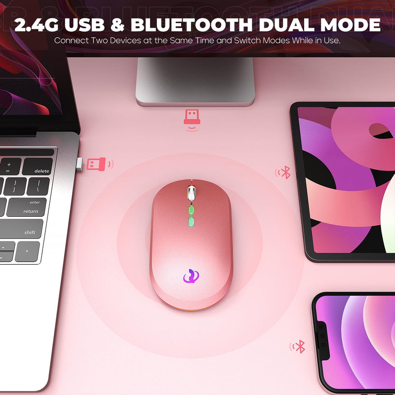 RIIKUNTEK Wireless Mouse for Laptop, 2.4G & Bluetooth Mouse Rechargeable with RGB Light, Silent Computer Mouse with Type-C Charging for PC, Laptop, iPad, Tablet, Pink