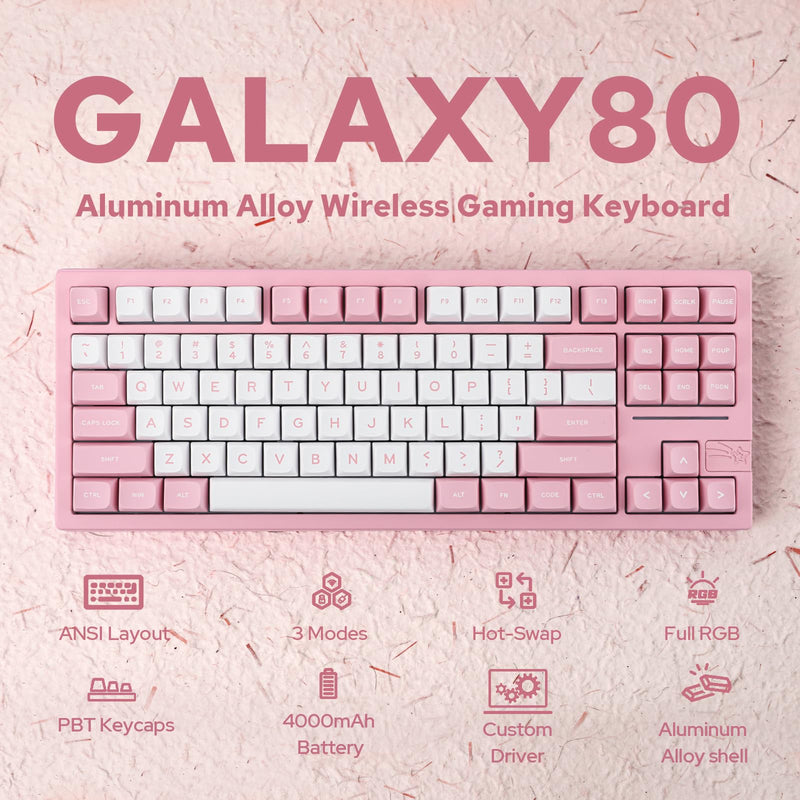 EPOMAKER x Feker Galaxy80 Gaming Keyboard, Aluminum Alloy Wireless Mechanical Keyboard, BT5.0/2.4G/USB-C Gasket-mounted Keyboard, Hot Swappable, NKRO Creamy Keyboard (Pink, Marble White Switch)