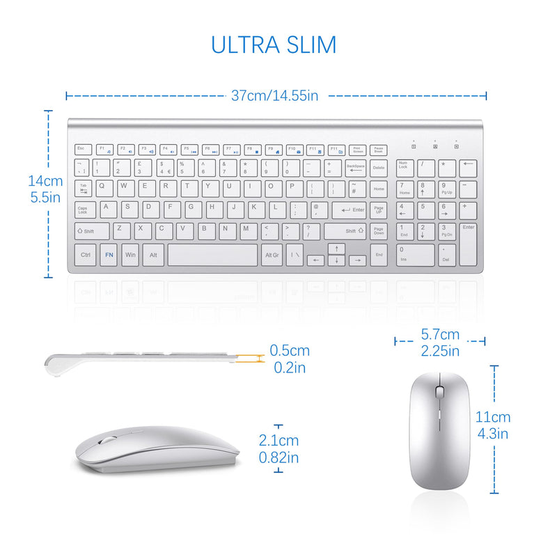 Wireless Keyboard and Mouse Ultra Slim Combo, TopMate 2.4G Silent Compact USB 2400DPI Mouse and Scissor Switch Keyboard Set with Cover, 2 AA and 2 AAA Batteries, for PC/Laptop/Windows/Mac-Silver White