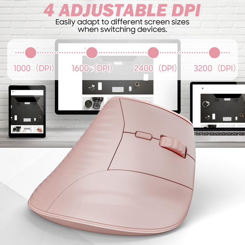 Bnnwa Wireless Vertical Ergonomic Mouse, Multi-Device(Bluetooth + 2.4G Connection), 4 Adjustable DPI, 7 Buttons Computer Mouse for PC, Laptop, Desktop, MacBook - Pink