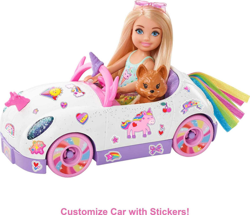 Barbie Club Chelsea Doll (6-Inch Blonde) with Open-Top Rainbow Unicorn-Themed Car, Pet Puppy, Sticker Sheet & Accessories, Gift for 3 to 7+ - GXT41