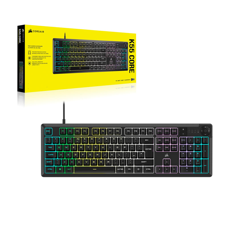 Corsair K55 CORE RGB Membrane Wired Gaming Keyboard – Quiet, Responsive Switches – Spill Resistance – Ten-Zone RGB – Media Keys – iCUE Compatible – QWERTY UK – PC, Mac – Black