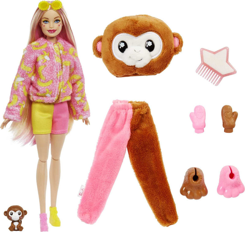 Barbie Dolls and Accessories, Cutie Reveal Doll with Monkey Plush Costume & 10 Surprises Including Color Change, Jungle Series