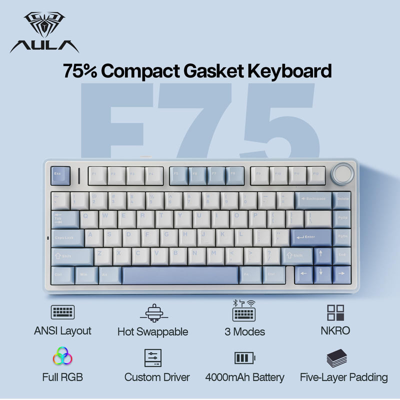 EPOMAKER x AULA F75 Gasket Mechanical Keyboard, 75% Wireless Gaming Keyboard with Five-Layer Padding&Knob, Bluetooth/2.4GHz/USB-C Hot Swappable Keyboard, NKRO, RGB (Sea Salt Blue, Graywood V3 Switch)