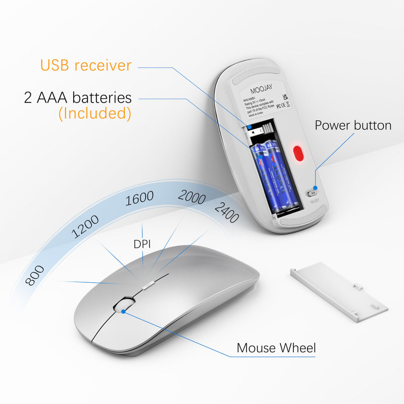 Wireless Keyboard and Mouse with Mouse Pad Ultra Slim Combo, MOOJAY 2.4G USB Quiet Compact Scissor Switch Keyboard Mice Set with Cover, 2 AA and 2 AAA Batteries, for Laptop/PC/Windows - Silver White