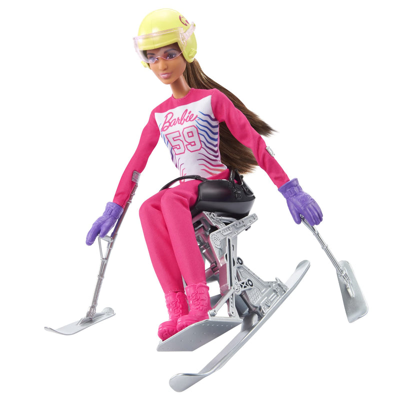 Barbie Winter Sports Para Alpine Skier Brunette Doll (12 in) with Shirt, Pants, Helmet, Gloves, Pole, Sit Ski & Trophy, Great Gift for Ages 3+