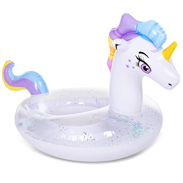 JOYIN Inflatable Unicorn Pool Float with Glitters, Tubes Floating, Fun Beach Floaties, Pool Toys, Summer Party Decorations for Kids (129x85x82 cm)