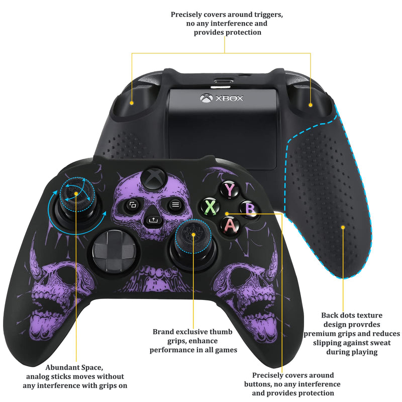 YoRHa Laser Carving Silicone Skin for Xbox Series X/S Controller x 1(Purpe) with Pro Thumb Grips x 8