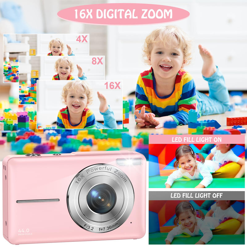 Digital Camera, FHD 1080P 44MP Digital Cameras Compact, 2.4"" LCD Rechargeable Digital Cameras, Vlogging Camera with 16X Digital Zoom for Kids, Adult, Teenagers, Girls, Boys（Pink）
