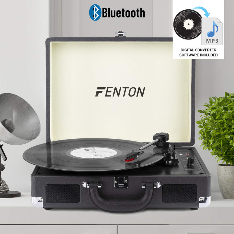 FENTON Portable Bluetooth Suitcase LP Record Player with Built in Speakers -BLACK Briefcase Turntable - Convert vinyl to MP3-3 Speed