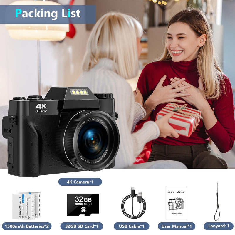 Digital Camera 4K 56MP UHD Vlogging Camera with 3'' 180° Flip Screen, 16X Digital Zoom Compact Camera for Photography with Auto Focus & 32GB Card & 2 Batteries for Teens Students Kids Boys Girls