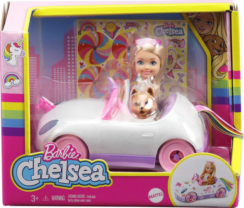 Barbie Club Chelsea Doll (6-Inch Blonde) with Open-Top Rainbow Unicorn-Themed Car, Pet Puppy, Sticker Sheet & Accessories, Gift for 3 to 7+ - GXT41