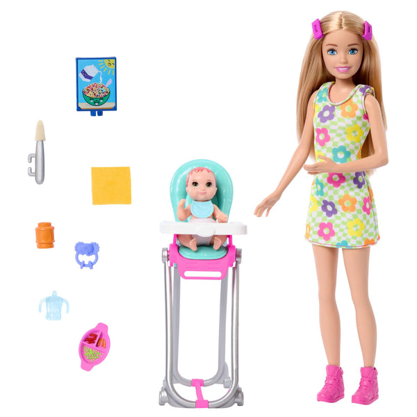 Barbie Skipper Doll & Playset with Accessories, Babysitting Set Themed to Mealtime, Color-change Toy Play, HTK35