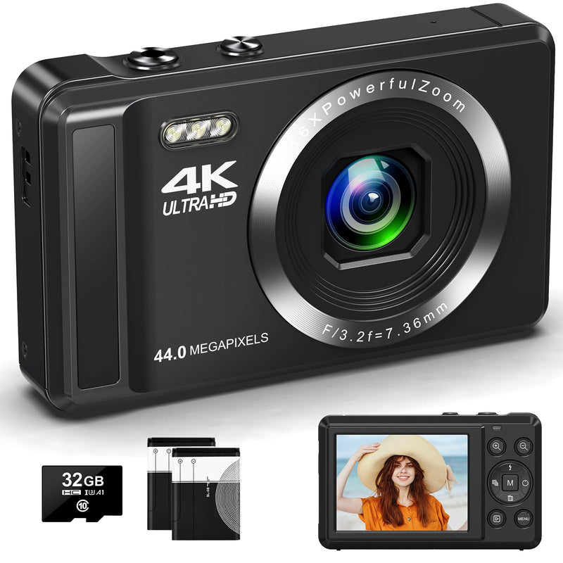 Digital Camera, Toiauaha 4K Autofocus Vlogging Camera 44MP UHD Compact Camera with 32G SD Card & 2 Batteries, 2.4”Rechargeable Mini Camera for Photography, Video, Kids, Beginners,Teenagers, Adult