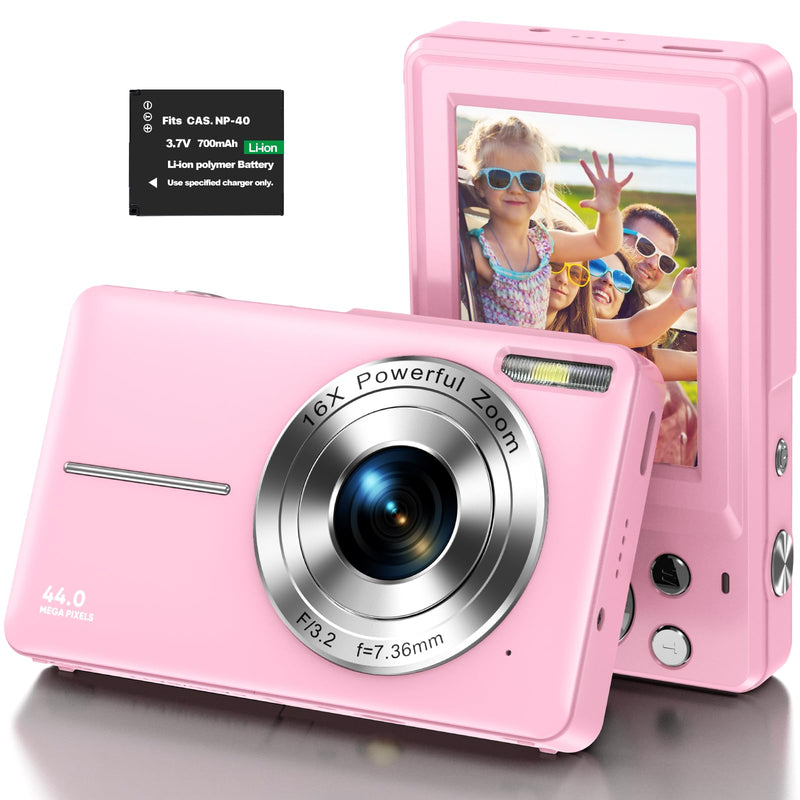 Digital Camera 1080P Kids Camera 44MP HD Compact Digital Camera Photo Camera Digital Camera Cheap with 2.4" Screen 16X Digital Zoom and 1 Battery for Girls, Boys, Beginner-Pink (No Card)