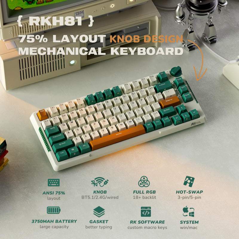 RK ROYAL KLUDGE H81 Wireless Mechanical Keyboard, 75% Knob Control Triple Mode BT5.1/2.4Ghz/USB-C Gaming Keyboard Gasket Mount with RGB Backlit 3750mAH Battery Hot-Swap Speed Silver Switches,US Layout