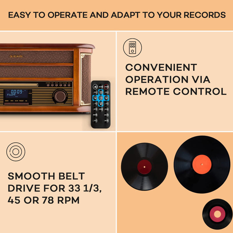 AUNA Belle Epoque 1908 - Retro Record Player, Vinyl Player with Stereo, Turntable, Belt Drive, Stereo Speakers, Radio Tuner, VHF Receiver, USB Slot, CD Player, Cassette Deck, Bluetooth, Brown