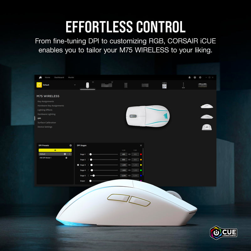 Corsair M75 WIRELESS RGB Lightweight FPS Gaming Mouse – 26,000 DPI – Swappable Side Buttons – iCUE Compatible – PC – White