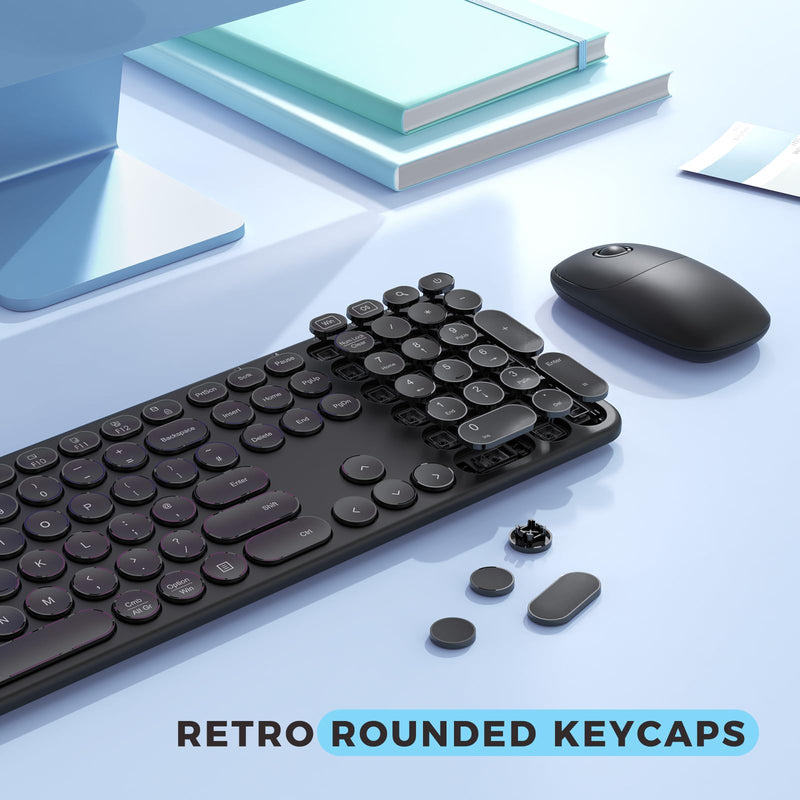 Wireless Keyboard and Mouse Set, USB A and USB C Wireless Keyboard and Mouse, Full Size Retro Round Key Wireless Keyboard Compatible with Apple Mac OS, Windows Computer Laptop PC, Black
