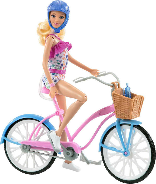Barbie Doll and Bike Playset with Doll (11.5 in, Blonde), Bicycle with Rolling Wheels & Water Bottle Accessory, Gift for 3 to 7 Year Olds,Blue,pink,white