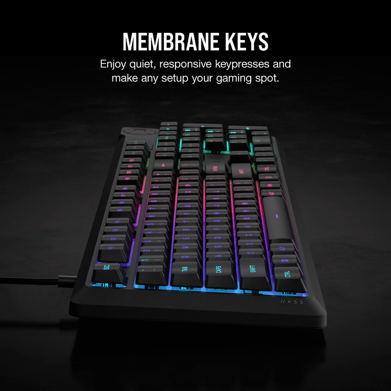 Corsair K55 CORE RGB Membrane Wired Gaming Keyboard – Quiet, Responsive Switches – Spill Resistance – Ten-Zone RGB – Media Keys – iCUE Compatible – QWERTY UK – PC, Mac – Black