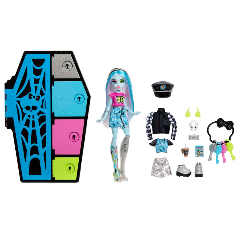 Monster High Doll and Fashion Set, Frankie Stein with Dress-Up Locker and 19+ Surprises, Skulltimate Secrets, HKY62