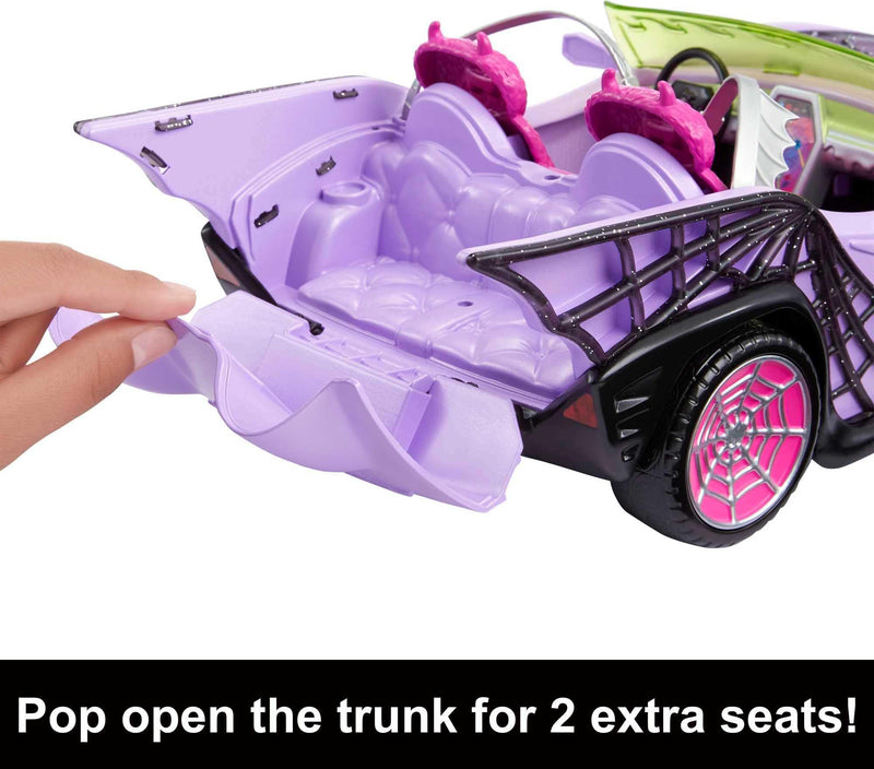 Monster High Toy Car, Ghoul Mobile with Pet and Cooler Accessories, Purple Convertible with Spiderweb Details, HHK63