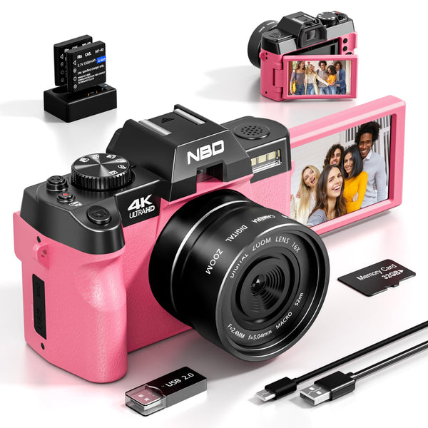 NBD S100 Digital Cameras for Photography, 48MP 4K Vlogging Camera with 180° Flip Screen,WiFi, 60FPS Autofocus Travel Camera,Compact Camera 32GB TF&2 Batteries Included,Beginner-Friendly (Pink)