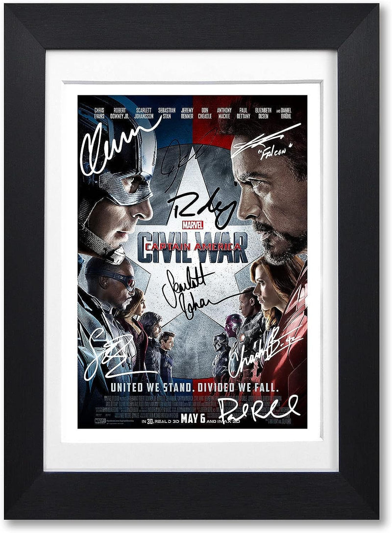 Captain America Civil War Cast Signed Movie Poster Autograph A4 Photo Print Framed Memorabilia Gift 2016 Marvel Film (BLACK FRAMED & MOUNTED)