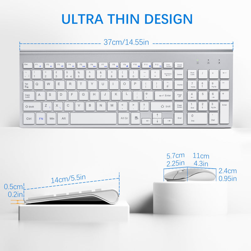 Wireless Keyboard and Mouse with Mouse Pad Ultra Slim Combo, MOOJAY 2.4G USB Quiet Compact Scissor Switch Keyboard Mice Set with Cover, 2 AA and 2 AAA Batteries, for Laptop/PC/Windows - Silver White