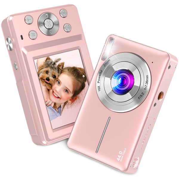 Digital Camera, Nsoela Vlogging Camera Rechargeable Digital Cameras FHD 1080P 44MP Compact Camera with 16X Digital Zoom, Portable Mini Camera with 1 Battery for Teens,Kids,Beginners（Pink）