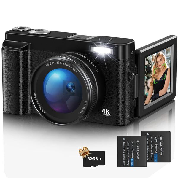 Digital Camera,4K UHD 48MP Autofocus Vlogging Camera for Youtube with 16X Digital Zoom,180° Flip screen Camera with 32G Card and UV lens,Compact Camera for Teenagers, Beginners,Adults