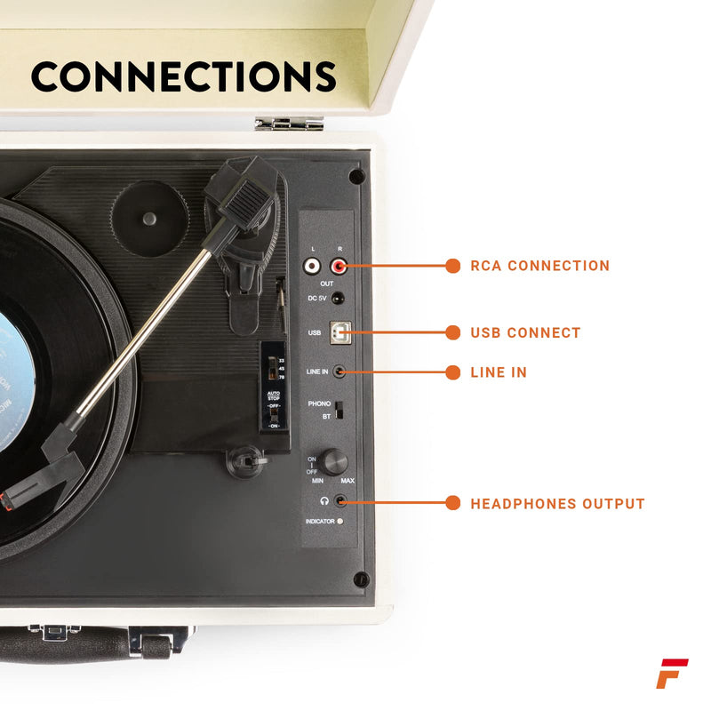 FENTON Portable Bluetooth Suitcase LP Record Player with Built in Speakers - WHITE Briefcase Turntable - Convert vinyl to MP3-3 Speed
