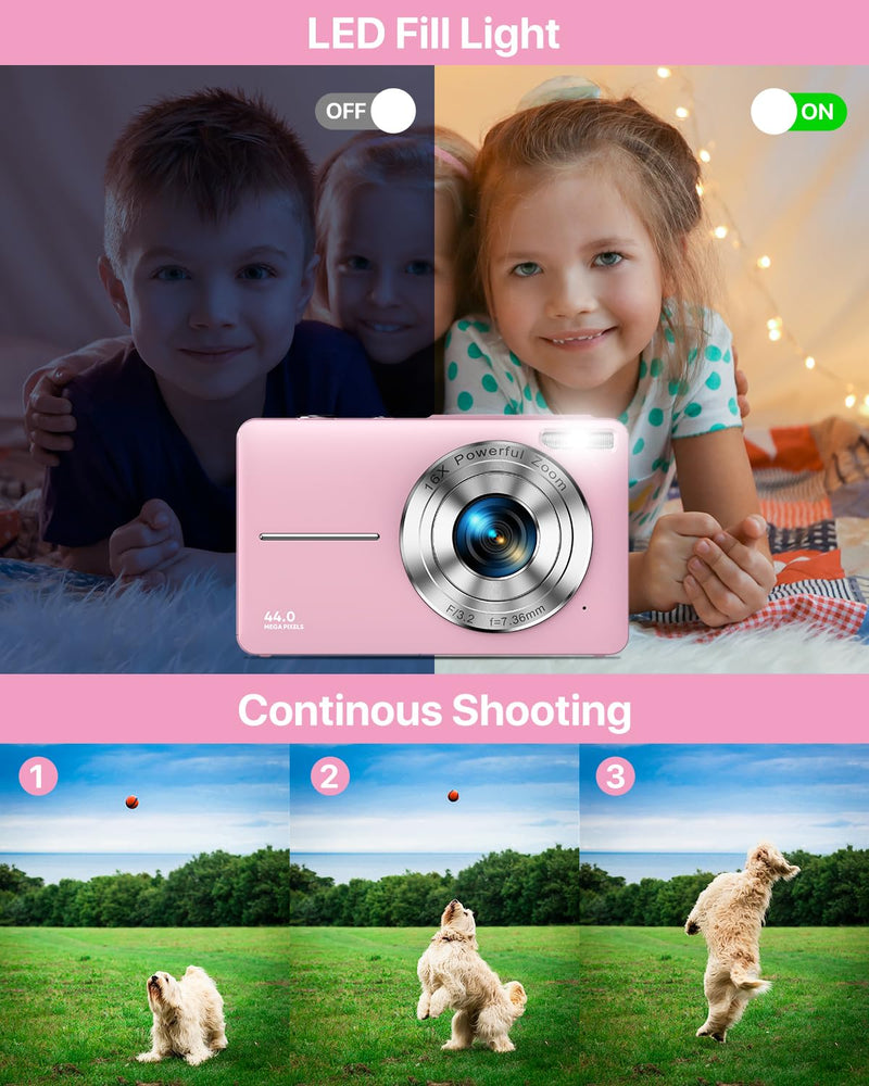 Digital Camera with 32G Card, 1080P Digital Camera Cheap 44MP HD Compact Digital Camera Photo Camera Kids Camera with 2.4" Screen 16X Digital Zoom and 1 Battery for Girls, Boys, Beginner-Pink