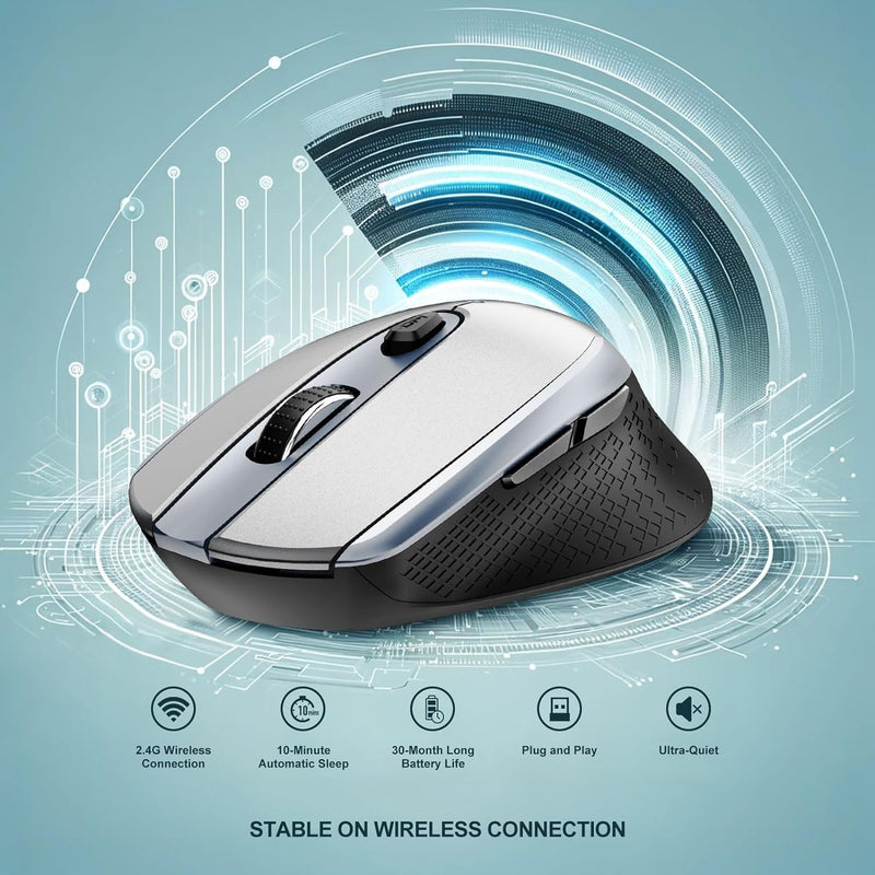 Wireless Mouse for Laptop, 7 Buttons Mouse Silent Efficient Comfortable Office Mouse for Laptop PC Computer Tablets Windows Linux, 3 Adjustment Levels, Gray