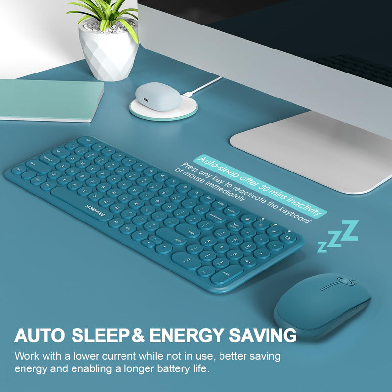 XTREMTEC Wireless Keyboard and Mouse, Compact Size Cute Keyboard Retro Round Keycap - 2.4GHz Ultra-Slim Quiet Aesthetic Keyboard for Laptop iMac Windows US Layout(Blue)