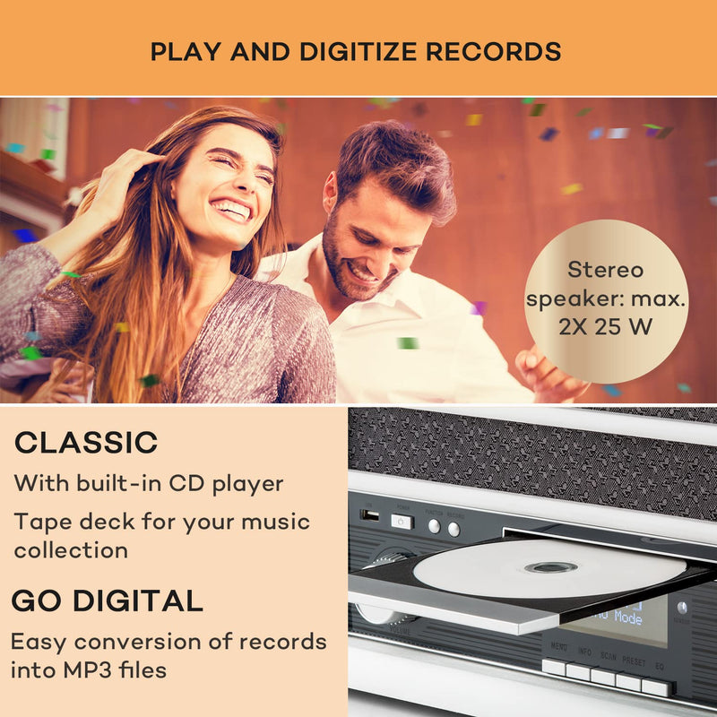 Auna Vinyl Record Player, Vinyl Records Turntable Record Players for Vinyl with Speakers, Home Audio Record Players, Retro 3-Speed CD Bluetooth Turntable, DAB Radio Speakers Stereo w/Turntable & USB