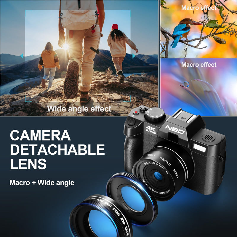 NBD 4K Digital Cameras for Photography - 48MP/60FPS Video Camera for Vlogging, WiFi & App Control, YouTube Vlogging Camera with 32GB TF Card. Wide-Angle & Macro Lens Included (Black)