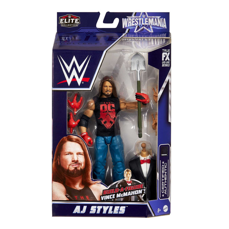 WWE AJ Styles WrestleMania Elite Collection Action Figure with entrance shirt & Vince McMahon Build-A-Figure Pieces, 6-in / 15.24cm Posable Collectible Gift for WWE Fans Ages 8 Years Old & Up, HDD83