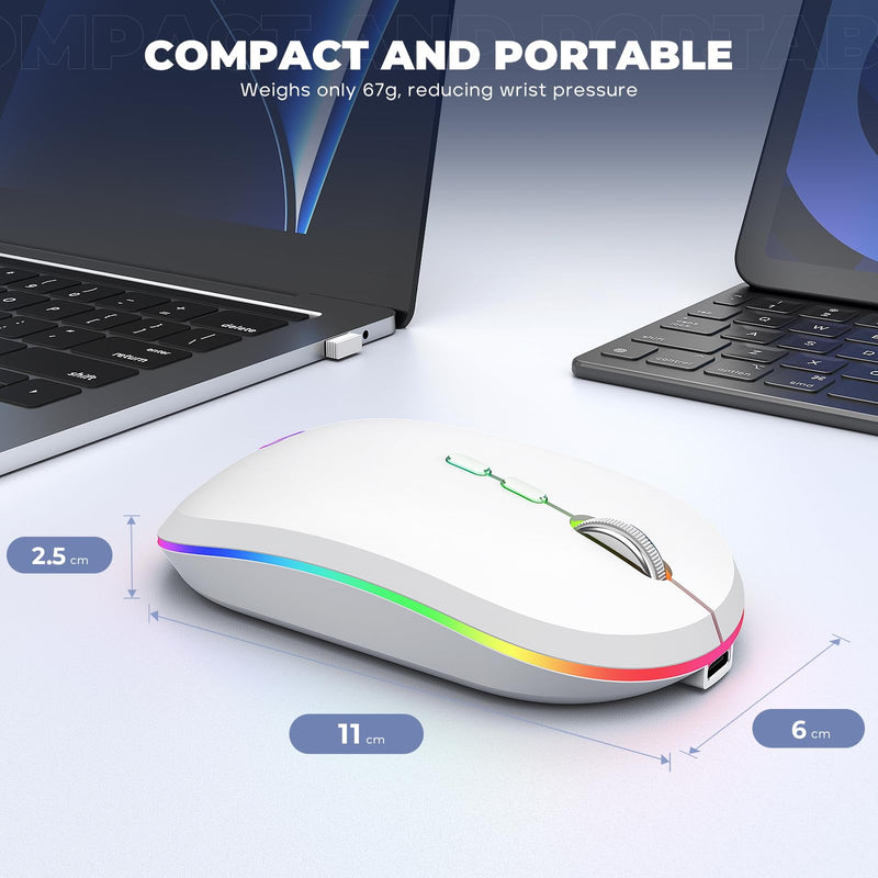 RIIKUNTEK Wireless Mouse for Laptop, 2.4G & Bluetooth Mouse Rechargeable with RGB Light, Silent Computer Mouse with Type-C Charging for PC, Laptop, iPad, Tablet, White