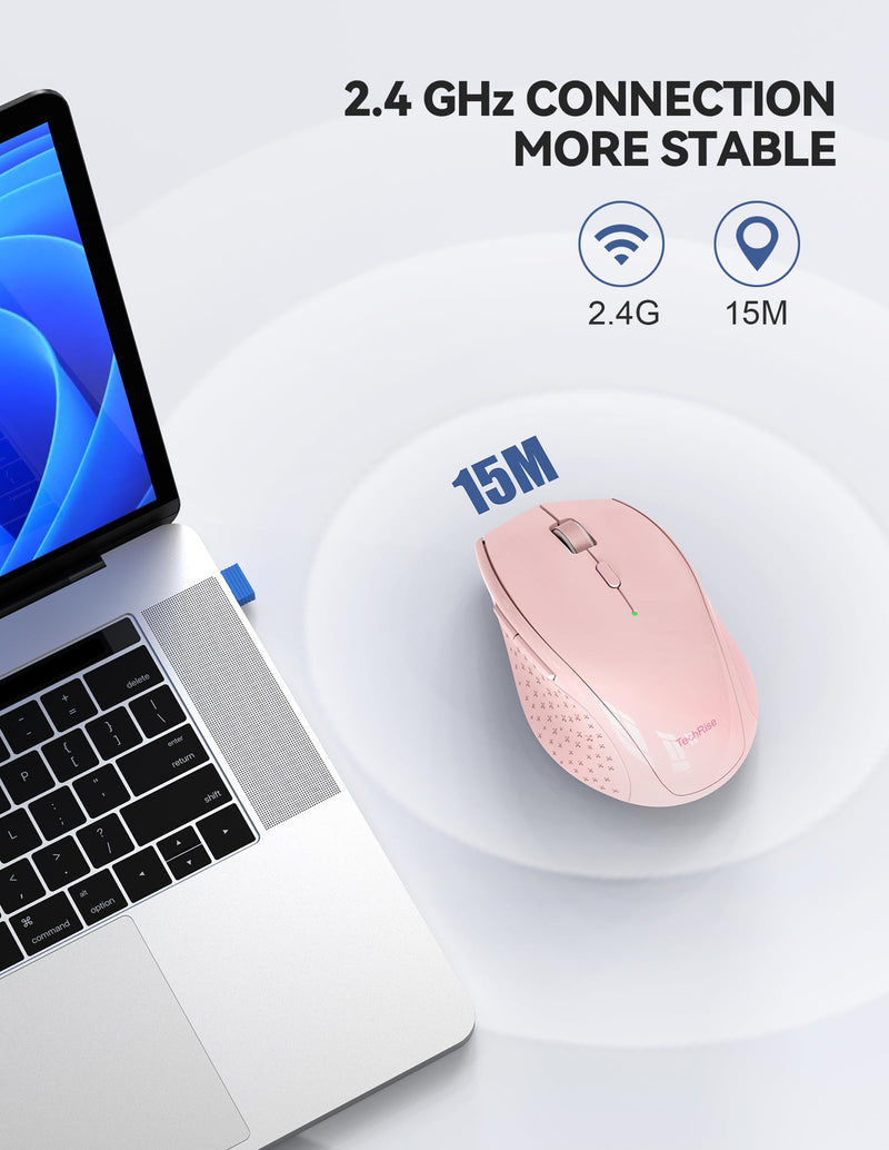 TechRise Wireless Mouse, Computer Mouse for Laptop, Silent Mouse with Nano Receiver, 30 Months Battery Life, Ergonomic Optical Mouse for PC, Tablet, Laptop with Windows System (Pink)